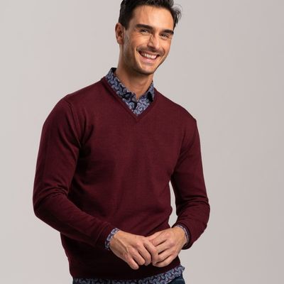 Maglia uomo lana merinos scollo a V bordeaux